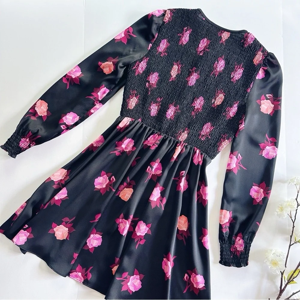 Kate Spade Rose Garden Smocked Satin Dress